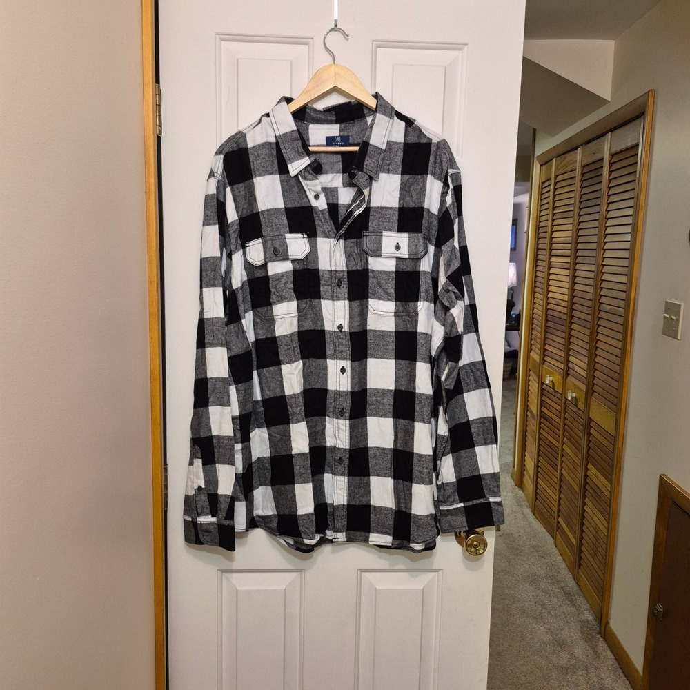 George Mens 3XLT Black White Buffalo Plaid Button Up Flannel Shirt Long Sleeve